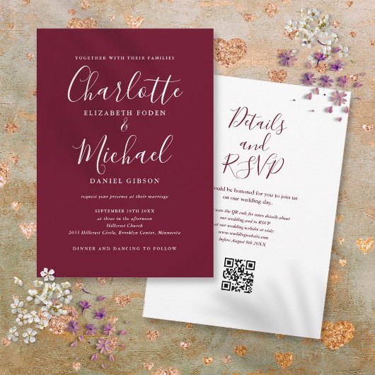 Elegant Script Burgundy Wine QR Code Weddenschap Kaart