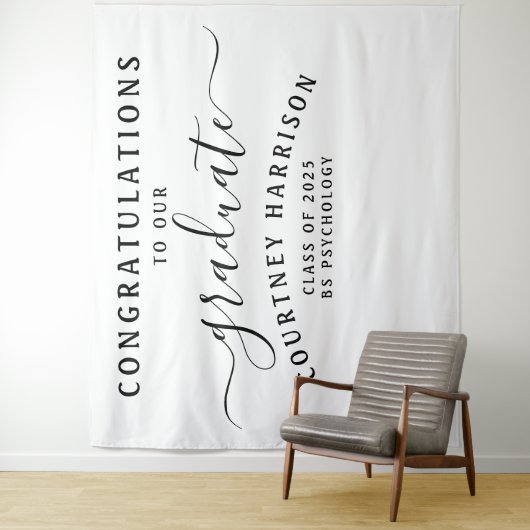 Elegant Script Calligrafie Afstuderen | Wit Wandkleed (In situ)