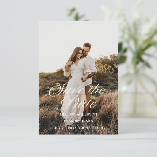 Elegant Script Calligrafie Foto Save the Date (Staand voorkant)