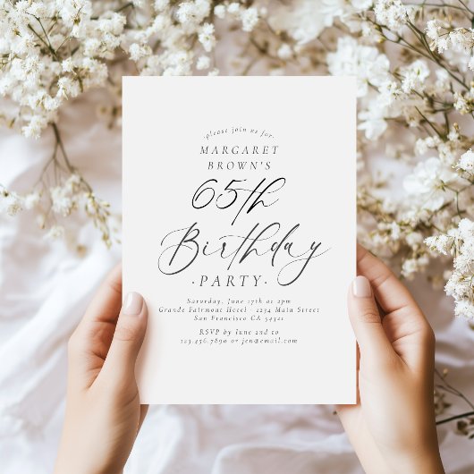 Elegant Script Calligraphy 65th Birthday Party Kaart