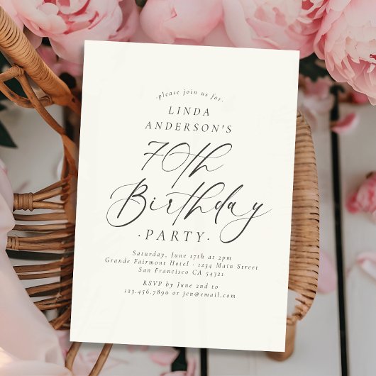 Elegant Script Calligraphy 70th Birthday Party Kaart