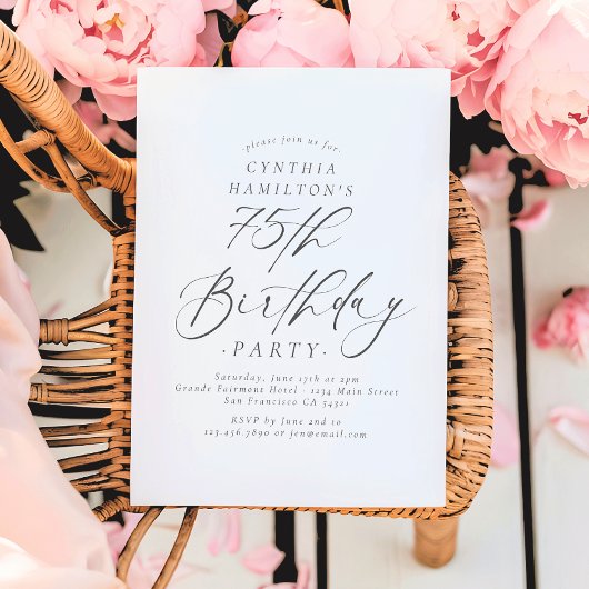 Elegant Script Calligraphy 75th Birthday Party  Kaart