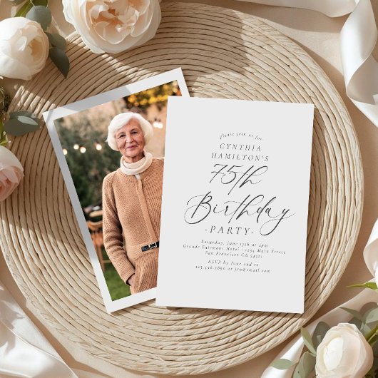 Elegant Script Calligraphy 75th Birthday Photo Kaart