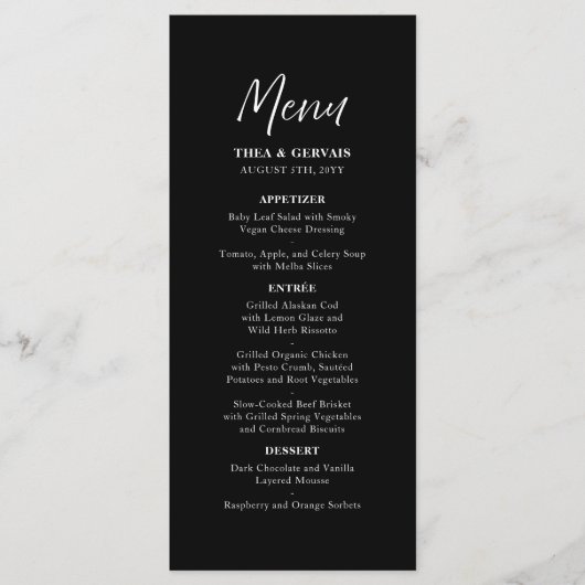 Elegant Script Calligraphy Black Wedding Menu (Voorkant)