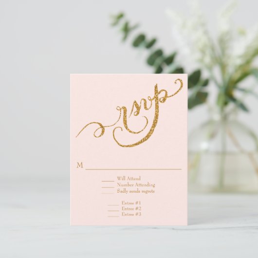 Elegant Script Calligraphy Gold Glitter Wedding RSVP Kaartje (Staand voorkant)