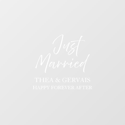 Elegant Script Calligraphy Just Married Wedding Raamsticker (Vel)