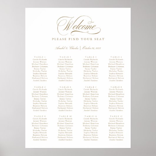 Elegant Script Calligraphy Minimal Seating Chart Poster (Voorkant)