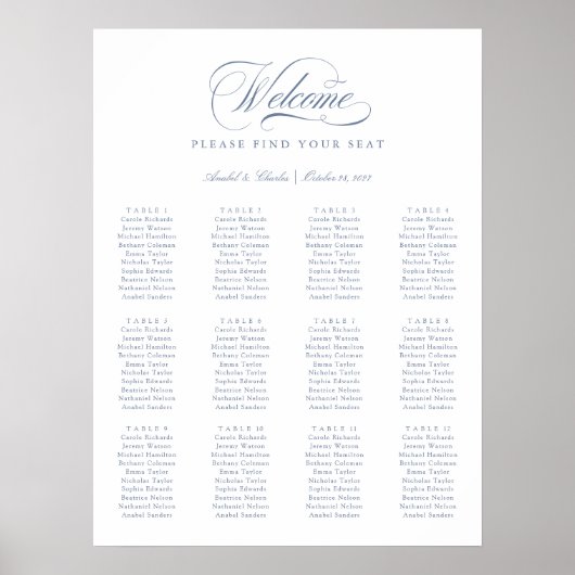 Elegant Script Calligraphy Minimal Seating Chart Poster (Voorkant)