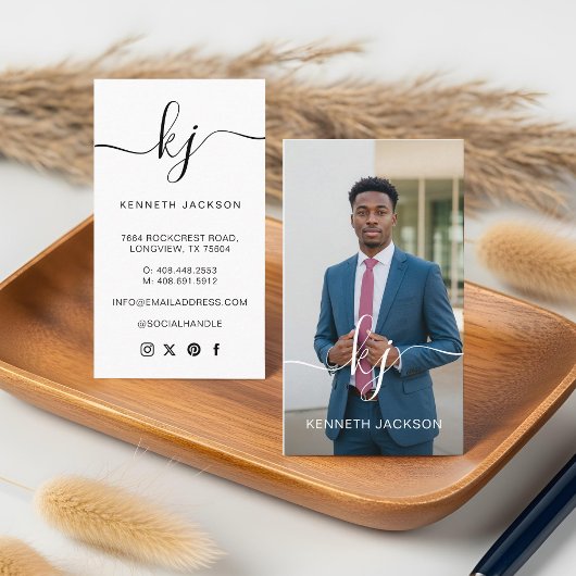 Elegant Script Calligraphy Monogram Logo & Foto Visitekaartje