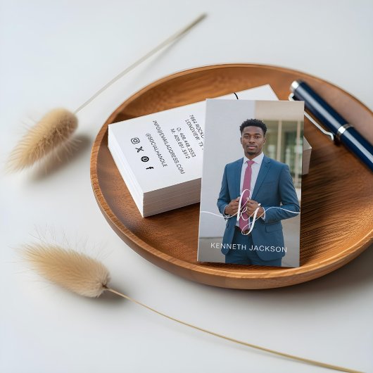 Elegant Script Calligraphy Monogram Logo & Foto Visitekaartje