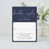 Elegant Script Calligraphy Navy Blue Wedding RSVP Kaartje (Staand voorkant)