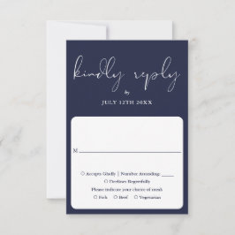 Elegant Script Calligraphy Navy Blue Wedding RSVP Kaartje