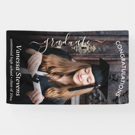 Elegant Script Calligraphy Photo Afstuderen Spandoek (Horizontaal)