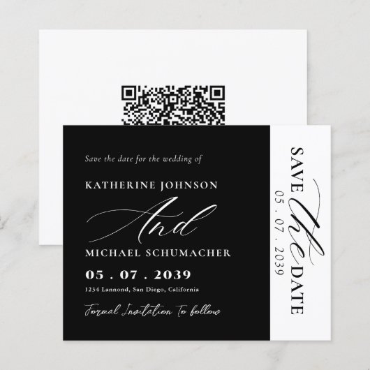 Elegant Script Calligraphy & QR Code Save The Date (Voorkant / Achterkant)