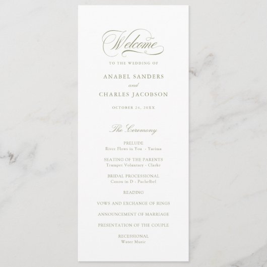 Elegant Script Calligraphy Sage Wedding Program Programmakaart (Voorkant)