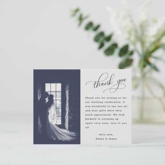 Elegant Script Calligraphy Weduwfoto Hartelijk dan Briefkaart (Staand voorkant)