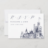 Elegant Script Castle Illustration Wedding RSVP Kaartje (Voorkant)