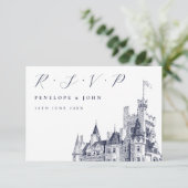 Elegant Script Castle Illustration Wedding RSVP Kaartje (Staand voorkant)