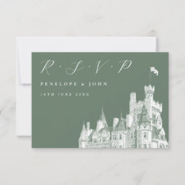 Elegant Script Castle Sage Green Wedding RSVP Kaartje