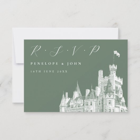 Elegant Script Castle Sage Green Wedding RSVP Kaartje (Voorkant)