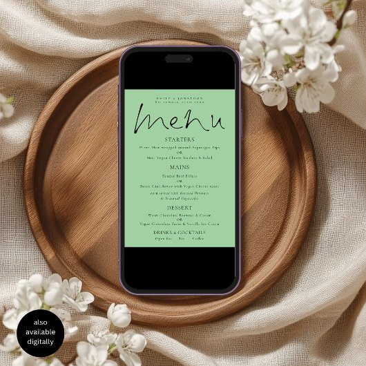 Elegant Script Celadon Green Wedding Menu Kaart