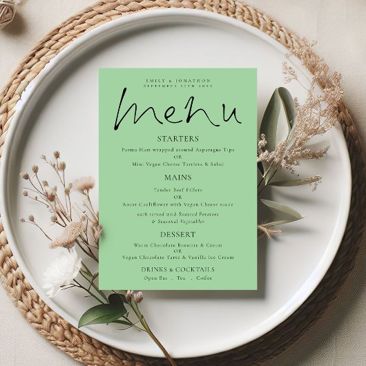 Elegant Script Celadon Green Wedding Menu Kaart