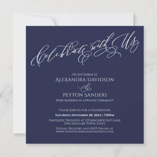 Elegant Script Celebrate with Us Navy Blue Kaart (Voorkant)
