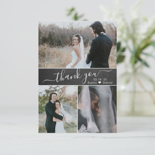 Elegant Script Chalkboard Weddenfoto Collage Bedankkaart (Staand voorkant)