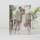 Elegant Script Charcoal Overlay 2-Photo Wedding Bedankkaart (Staand voorkant)
