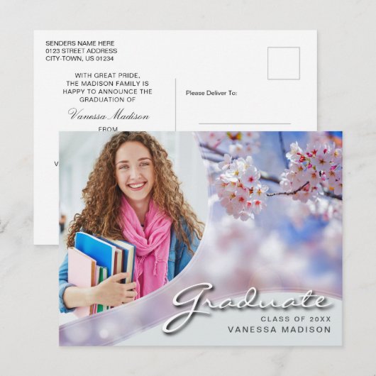 Elegant Script Cherry Blossom | Modern Photo Afstu Briefkaart (Voorkant / Achterkant)