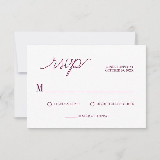 Elegant script Chic Bourgondië Minimal Wedding RSVP Kaartje (Voorkant)