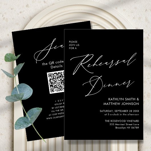 Elegant Script Chic Grey Repetisal Dinner QR code Kaart