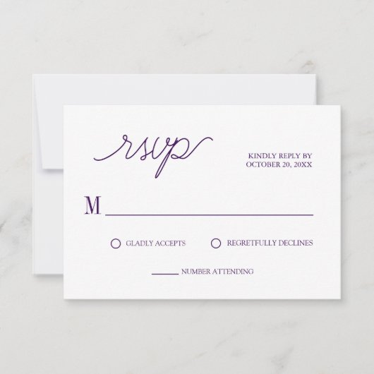 Elegant Script Chic Paarse Minimal Wedding RSVP Kaartje (Voorkant)