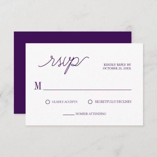 Elegant Script Chic Paarse Minimal Wedding RSVP Kaartje (Voorkant / Achterkant)