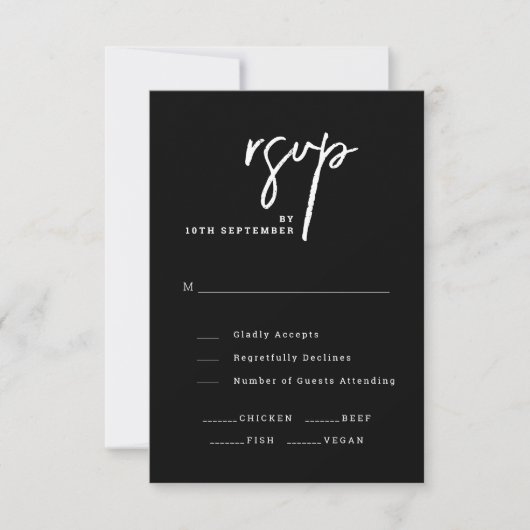 Elegant Script Chic Zwart-wit bruiloft RSVP Kaartje (Voorkant)