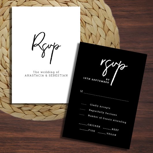Elegant Script Chic Zwart-wit bruiloft RSVP Kaartje