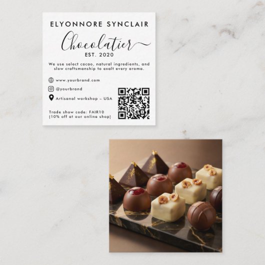 Elegant Script Chocolatier Brand Photo QR Code Contactkaartje (Voorkant / Achterkant)