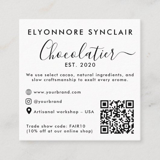 Elegant Script Chocolatier Brand Photo QR Code Contactkaartje (Voorkant)