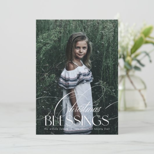 Elegant script Christmas Blessings Holiday Kaart (Staand voorkant)
