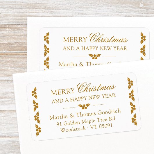 Elegant script Christmas Gold Holly Retouradres Etiket