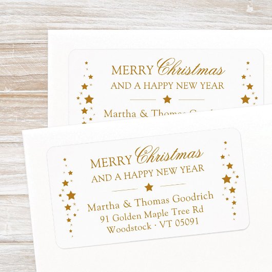Elegant script Christmas Gold Stars Retouradres Etiket