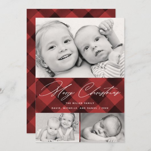 Elegant script Christmas Plaid 3 Fotocollage Feestdagenkaart (Voorkant / Achterkant)