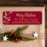 Elegant script Christmas Red Retour-adreslabel Etiket<br><div class="desc">Modern Elegant Script Rood en Goud Familienaam Kerstmis Terugkeer Adres Labels. Met een  handgeschreven kalligrafie lettertype script met gezegde "Merry Christmas",  faux gouden folie botanische bladeren op rode achtergrond. Geweldig voor de kerstvakantie,  gemakkelijk te personaliseren met uw namen en retour adres info.</div>