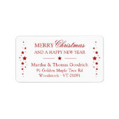 Elegant script Christmas Red Stars Retouradres Etiket (Voorkant)