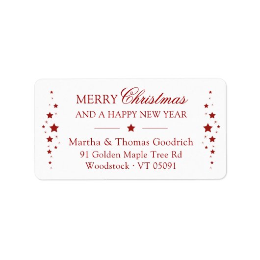 Elegant script Christmas Red Stars Retouradres Etiket (Voorkant)