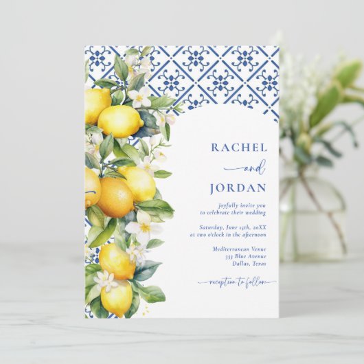 Elegant Script Citroen Mediterraan Foto Bruiloft Kaart (Staand voorkant)