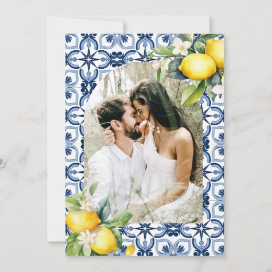 Elegant Script Citroen Mediterraan Foto Bruiloft Kaart (Achterkant)