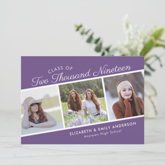 Elegant Script Class of 2019 | 3 Foto-Afstuderen Kaart (Staand voorkant)