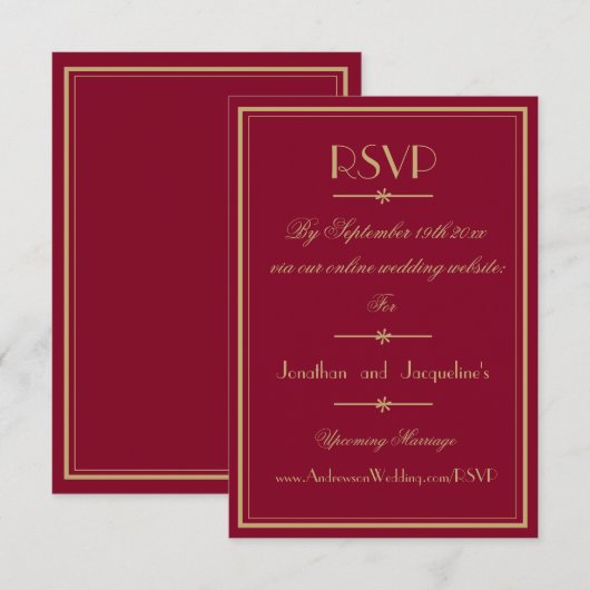 Elegant script Classic Chic Bourgondische bruiloft RSVP Kaartje (Voorkant / Achterkant)
