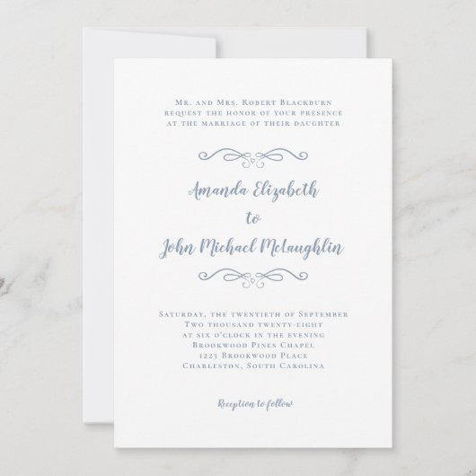 Elegant Script Classic Formal Wedding Dusty Blue Kaart (Voorkant)